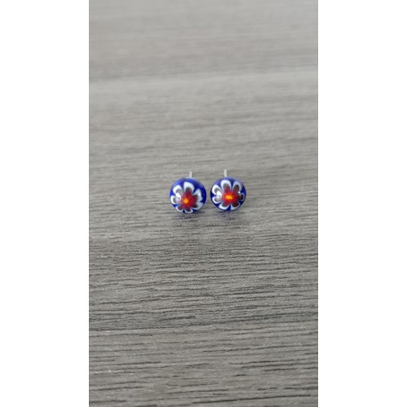 Boucles d'oreilles puce verre fusing millefiori bleu fleurs