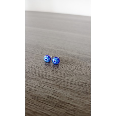 Boucles d'oreilles puce verre fusing millefiori bleu fleurs