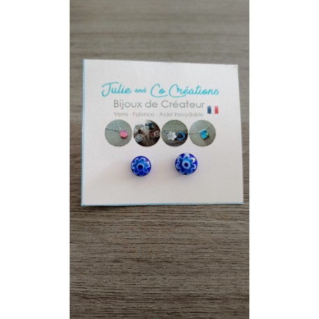 Boucles d'oreilles puce verre fusing millefiori bleu fleurs