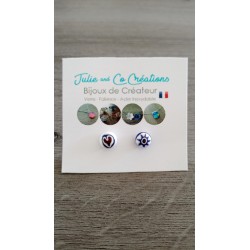 Boucles d'oreilles puce verre fusing millefiori bleu fleurs