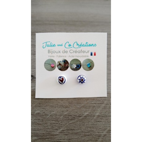 Boucles d'oreilles puce verre fusing millefiori bleu fleurs