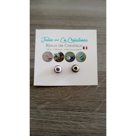 Boucles d'oreilles puce verre fusing millefiori bleu jaune point