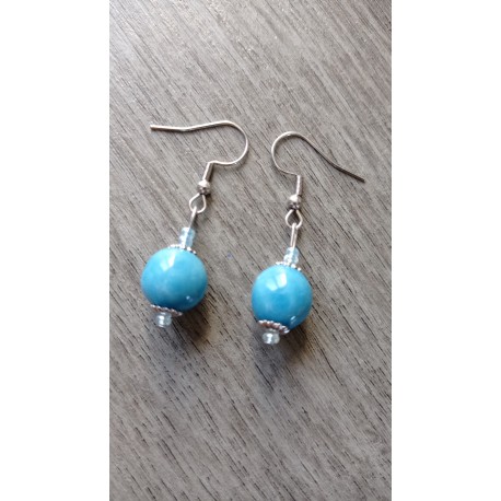 Boucles d'oreilles céramique perles bleu jade acier inoxydable