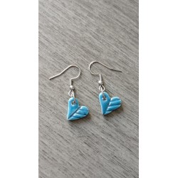 Boucles d'oreilles puce céramique cœur bleu jade