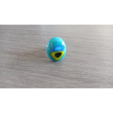 Bague fantaisie verre fusing bleu turquoise jaune acier inoxydable