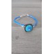 Blue bracelet handmade glass on black leather and stainless steel made in france vendée