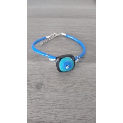 Blue bracelet handmade glass on black leather and stainless steel made in france vendée