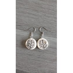 Boucles d'oreilles céramique rond blanc impression feuilles